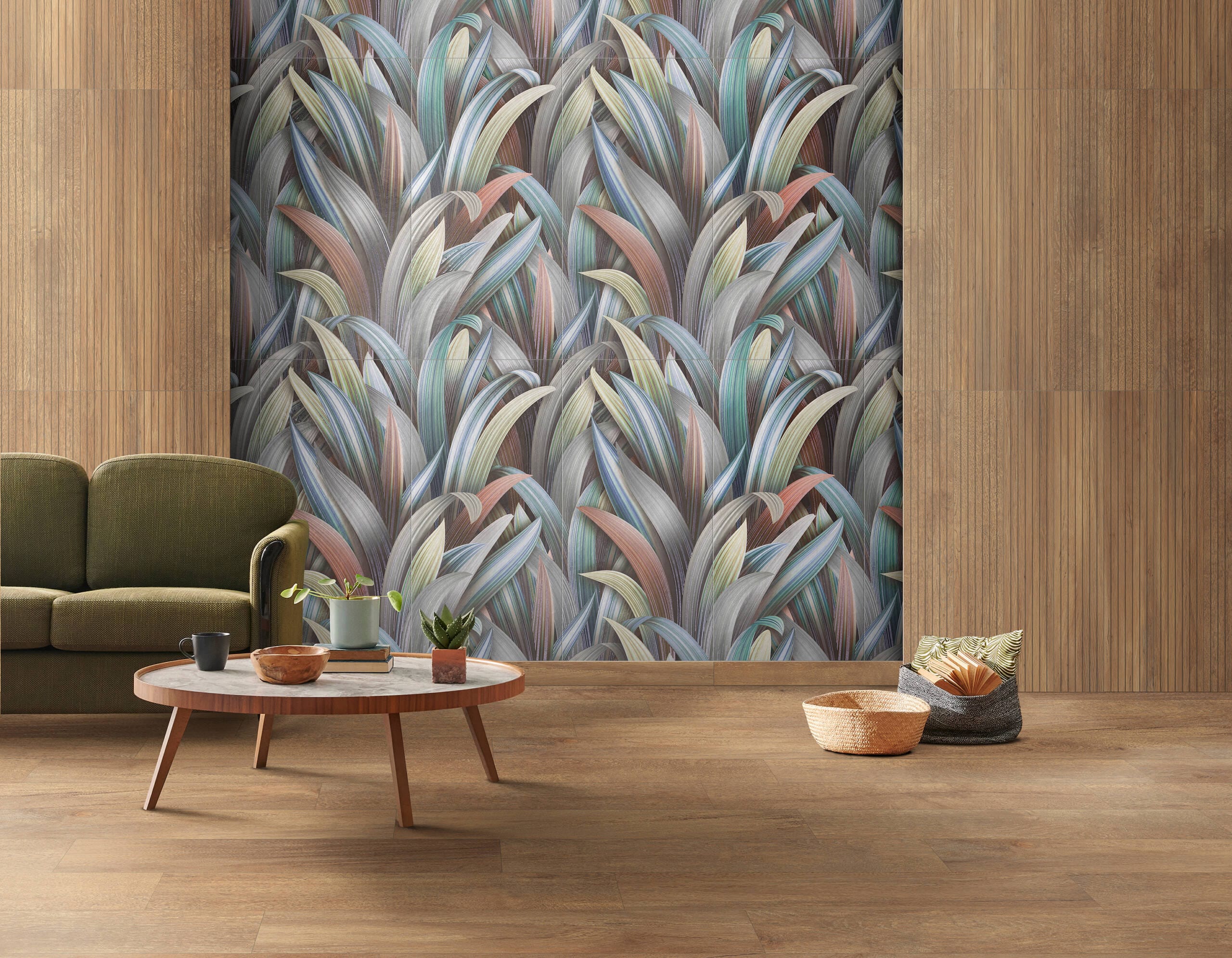 Green wall background, minimalist sofa, marble pattern wooden sofa, grey carpet, poster, lamp and frame.